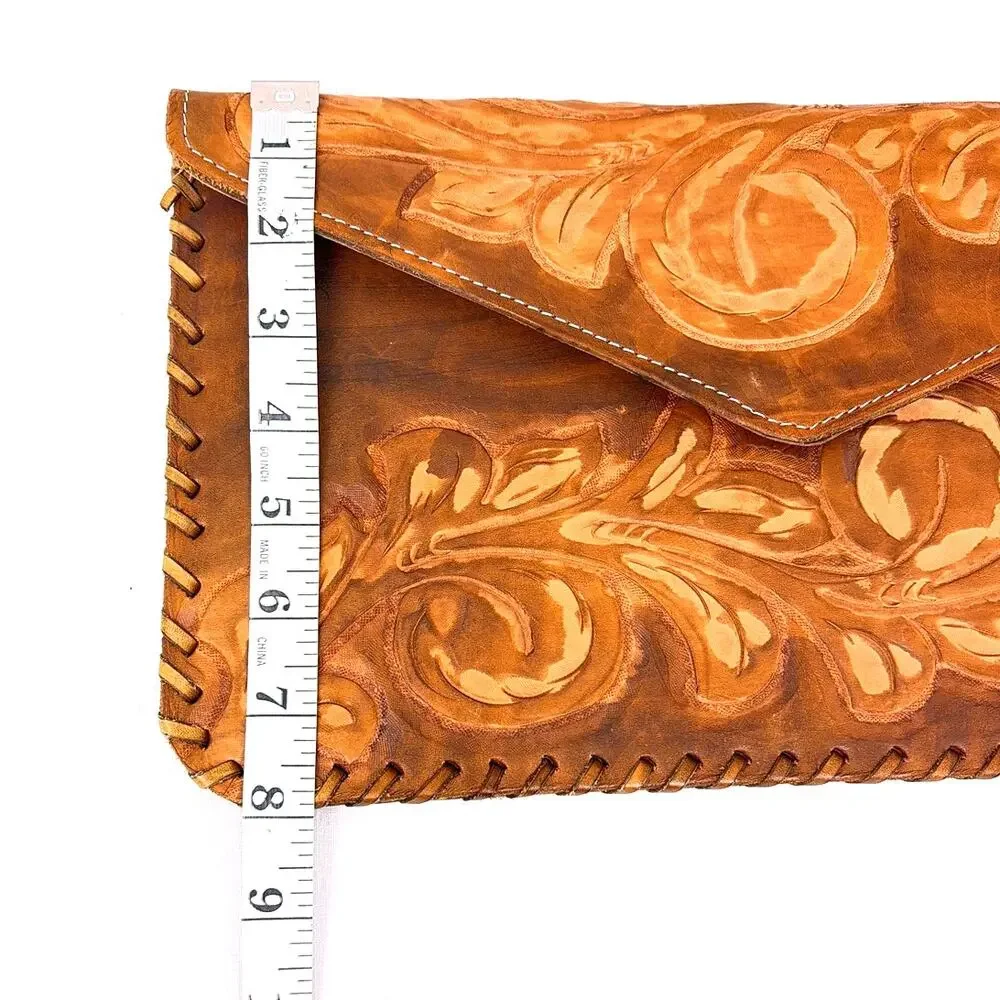 VTG Hand Tooled Floral Designs Leather Envelope Clutch Handbag